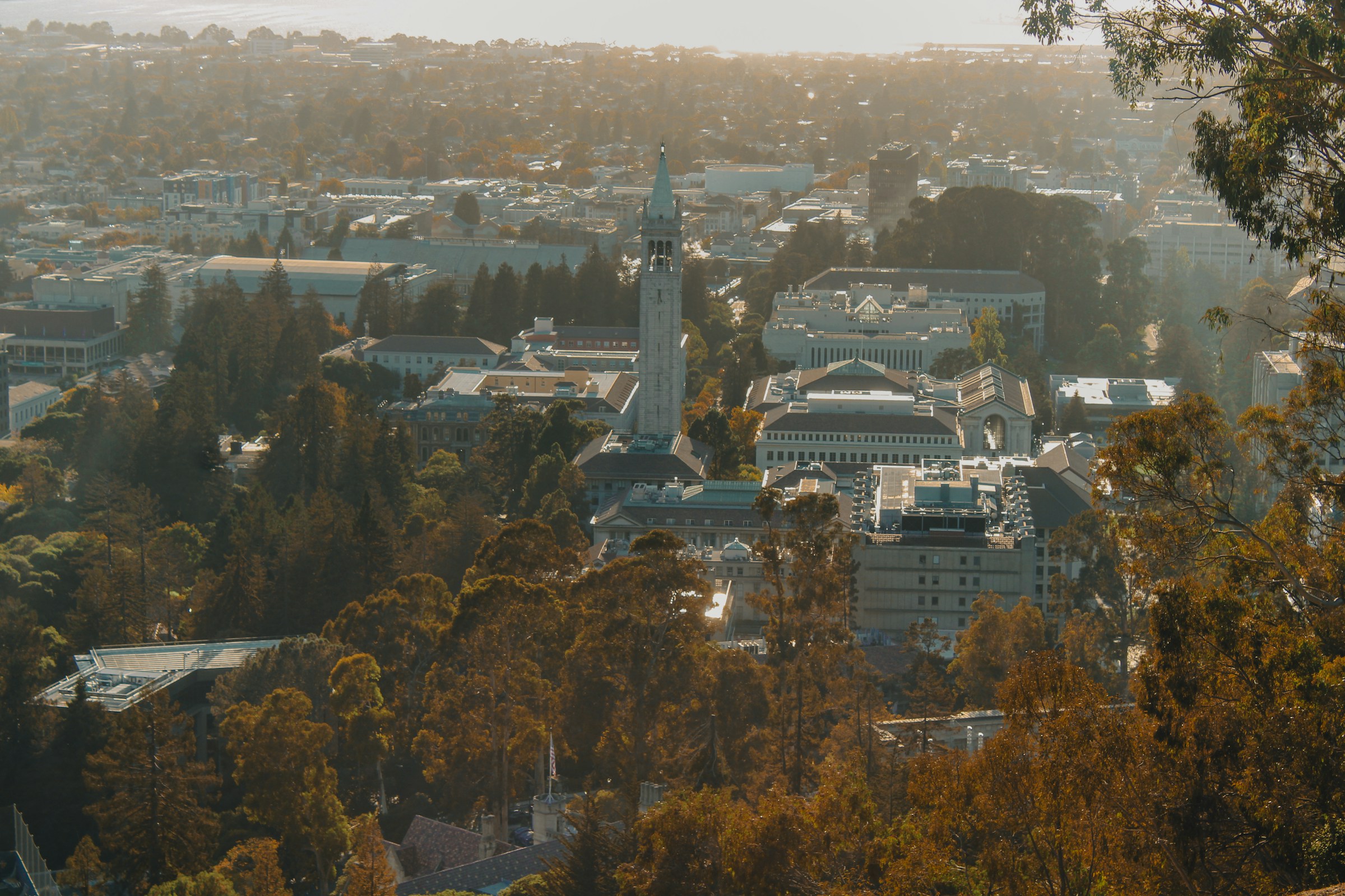 View of Berkeley and the UC Berkeley campus with Sather Tower, looking toward the San Francisco Bay.