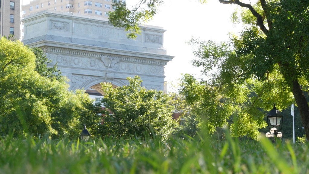 Washington Square Arch in New York City framed by green trees and park grass on a sunny day.