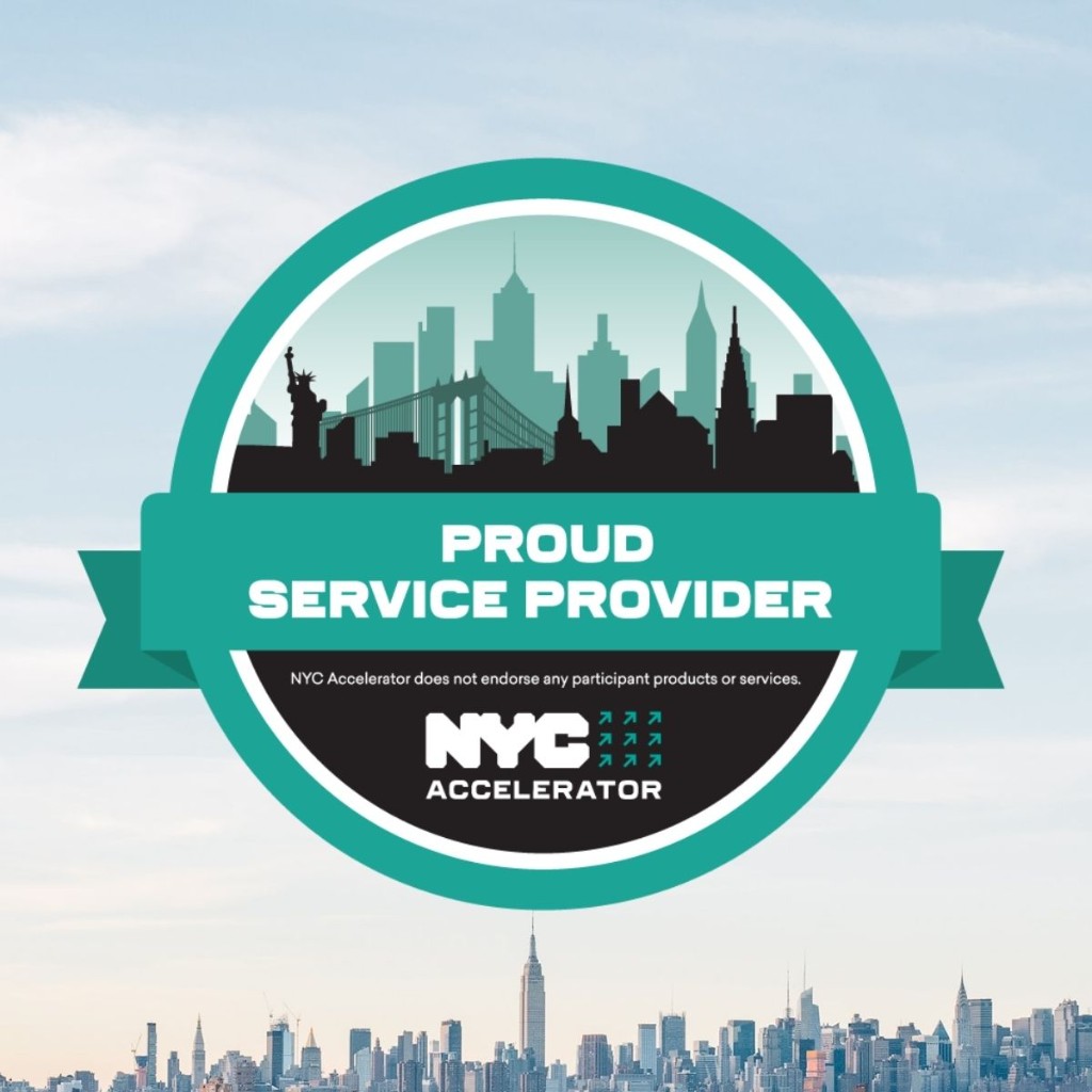NYC Accelerator Proud Service Provider badge over the Manhattan skyline.