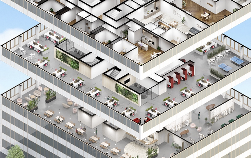 Cutaway illustration of a commercial building showing systems and retrofit layers.