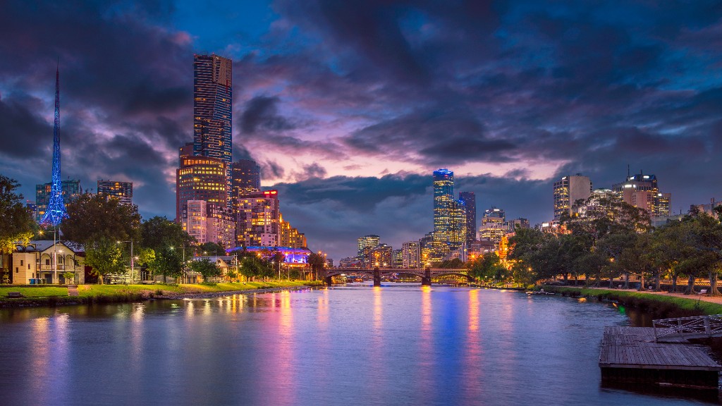 City skyline at dusk along a river