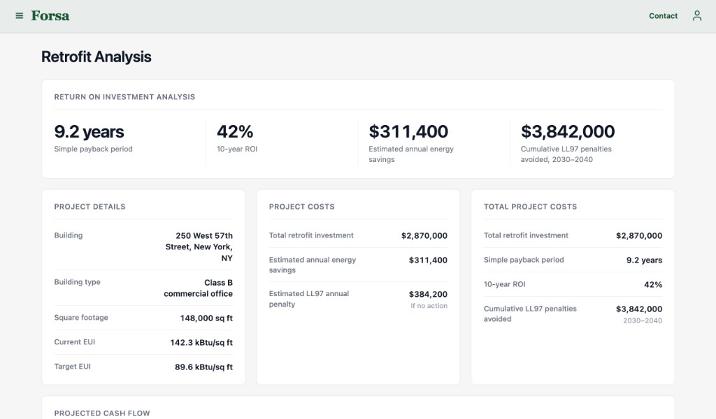 Retrofit Analysis with return on investment metrics and project cost columns