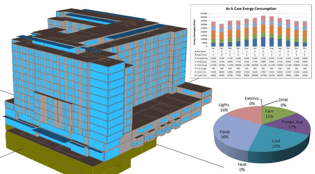 Property energy analysis showing a building model, monthly energy consumption chart, and end-use breakdown
